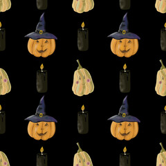 Seamless pattern for Halloween with illustrations of scary pumpkins.  Pattern for decor and design. 