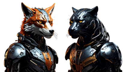 Futuristic Fox and Android Panther Duo, isolated on transparent background