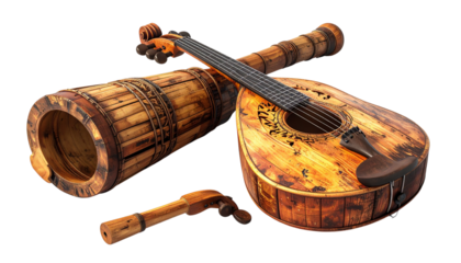  Handwoven Bamboo Flute and Percussion Drum Bundle, isolated on transparent background