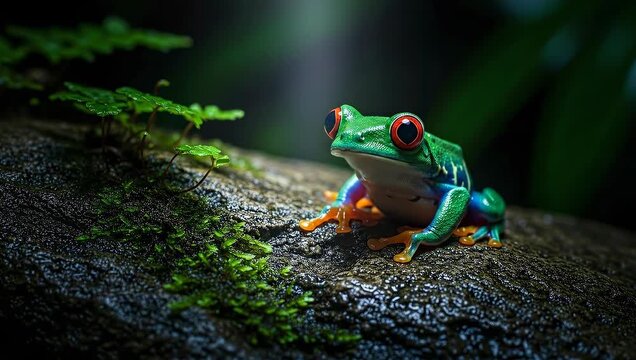 Vibrant Red Eyed Tree Frog Resting on a Mossy Branch.