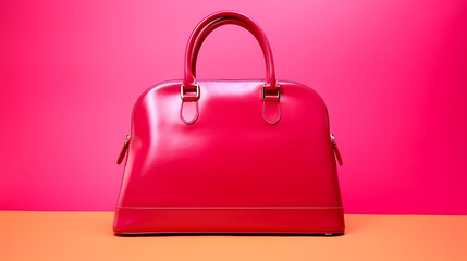 Minimalist display of a hot pink handbag with clean curves, placed on a vibrant pink background with subtle gradient lighting and a soft glow around edges