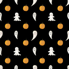 Halloween pattern with watercolor hand drawn illustrations of ghosts and pumpkins. 