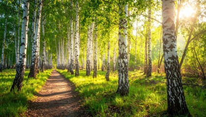 Sunlight filtering through lush birch trees along a serene forest path, inviting exploration and tranquility