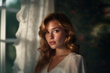 Blonde woman wearing white blouse standing in room with soft sunlight entering