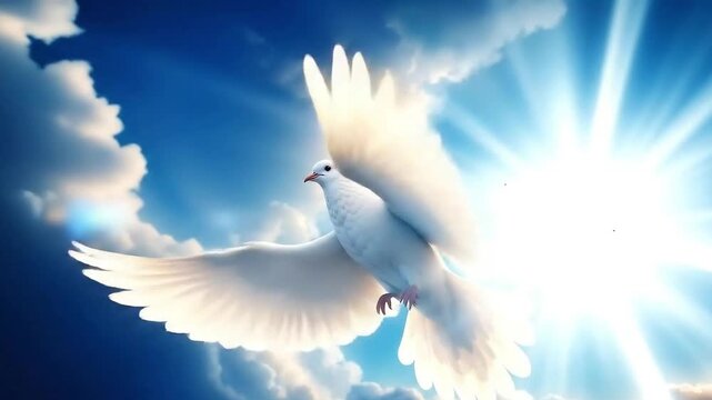 The holy spirit of God from heaven descending like a dove. Religious theme concept.