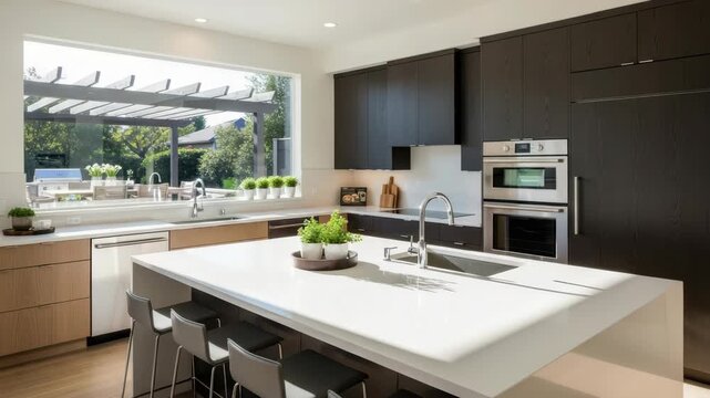 Modern kitchen with dark upper and light lower cabinets A large window overlooks an outdoor patio with pergola grill and dining set White island with sink stools and built-in appliances