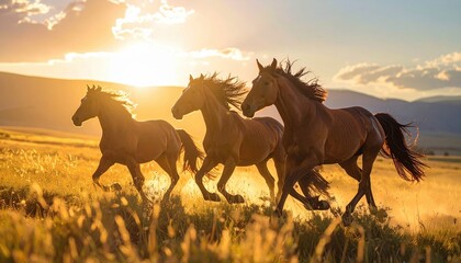 Fototapeta premium Three horses galloping through a sunlit meadow at sunset, with mountains in the background