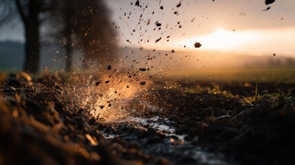 Macro Detail of Spittle Hitting Ground at Rural Scene During Sunset