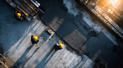 Workers Smoothing Fresh Concrete Surface on Rooftop Construction Site