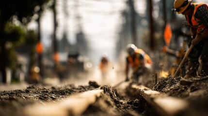 Construction Crew Engaged in Trench Digging and Infrastructure Work
