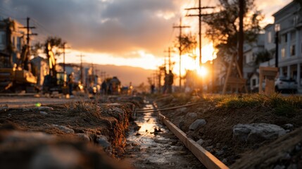 Construction Team Works on Utility Installation at Sunset