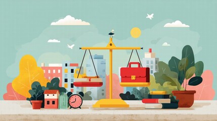 Classic Balance Scale with Briefcase and Daily Items – City Background