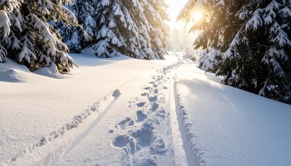 Obraz premium Serene winter landscape with snow-covered path leading through tall pine trees illuminated by sunset
