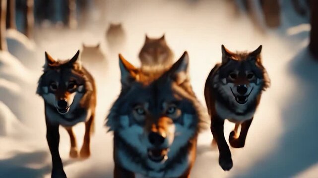 A pack of wolves running through a snowy forest.