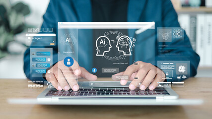 Chat with AI or Artificial Intelligence. Young businessman chatting with a smart AI or artificial intelligence using an artificial intelligence chatbot developed by OpenAI.