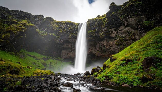 Majestic Waterfall Flowing Over Rocky Cliffs in Lush Green Landscape Under Cloudy Sky - Powered by Adobe