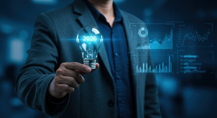 Suited professional holds glowing lightbulb marked 2026 amid translucent holographic charts and graphs, representing innovation, data-driven strategy, future planning and technological insight and AI