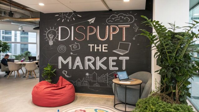 Creative Office Space with Chalkboard Wall Featuring Inspirational Quote Disrupt the Market and Cozy Seating Area