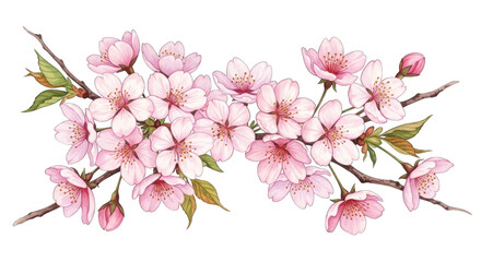 beautiful watercolor illustration of a delicate cherry blossom branch with numerous pink flowers and green leaves.