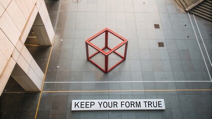 Abstract geometric sculpture in urban plaza with motivational phrase on the ground encouraging authenticity and creativity