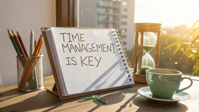 Time Management Tips with Notepad and Hourglass in Bright Office Setting to Enhance Productivity and Focus
