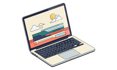 Modern Laptop Showing a Creative Web Design: Isometric Vector Illustration of a Portable Computer Displaying a Clean, Minimalist Landing Page with Landscape Graphics