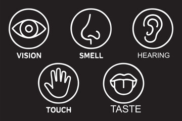 Human senses icon set. Vision eye, smell nose, hearing ear, touch hand, taste mouth with tongue. Simple line icons in circle. Five senses of human nervous system. set of five senses icon