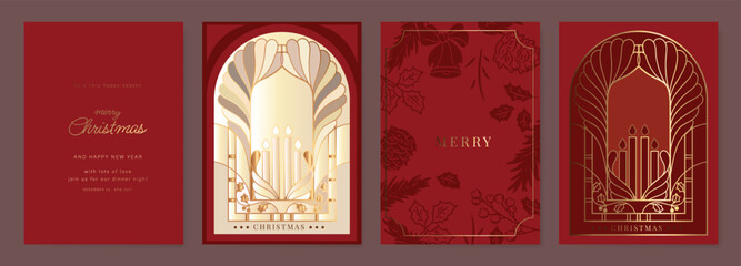 Christmas and Happy Holidays card vector set. Glasswork decorative, gothic stained glass and christmas ornament on red background. Design illustration for poster, cover, product, ads.