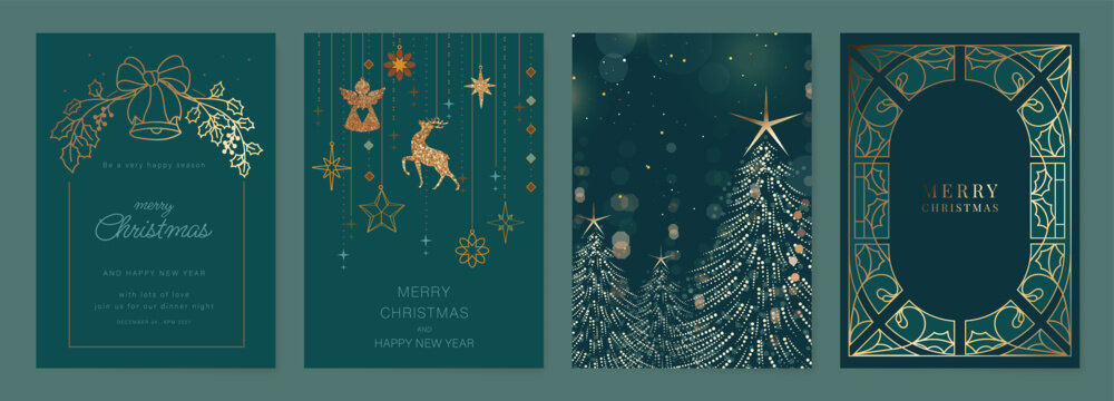 Christmas and Happy Holidays card vector set. Glasswork decorative, gothic stained glass and christmas ornament on green background. Design illustration for poster, cover, product, ads.