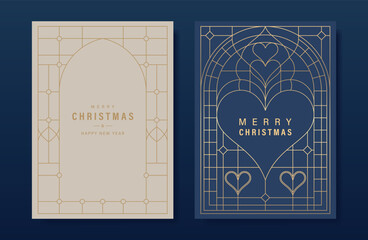 Christmas and Happy Holidays card vector set. Glasswork decorative, gothic stained glass on navy blue and beige background. Design illustration for poster, cover, product, ads.