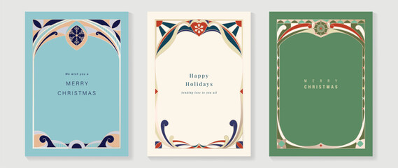 Christmas and Happy Holidays card vector set. Glasswork decorative, gothic stained glass and snowflake on blue, green and light background. Design illustration for poster, cover, product, ads.