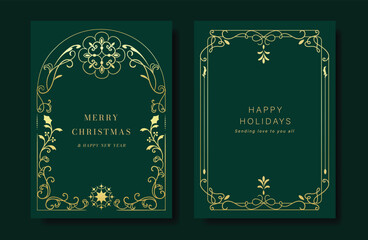 Christmas and Happy Holidays card vector set. Luxury gold victorian frame, holly leaf branch, snowflake, pinecone on green background. Design illustration for poster, cover, product, ads.