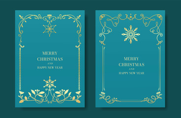 Christmas and Happy Holidays card vector set. Luxury gold victorian frame, holly leaf branch, snowflake, pinecone on emerald green background. Design illustration for poster, cover, product, ads.
