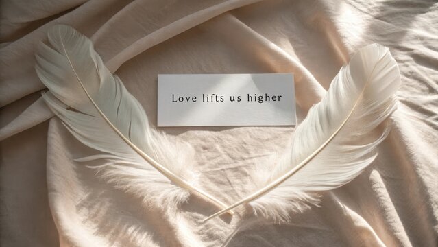 Romantic white feathers and inspirational quote on a soft fabric background for love and relationship themes