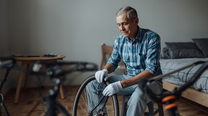 Obraz premium Middle-aged man repairing a bicycle in a cozy room, focusing carefully on maintenance and mechanical work, symbolizing craftsmanship, patience, hobby, and practical lifestyle with attention to detail 