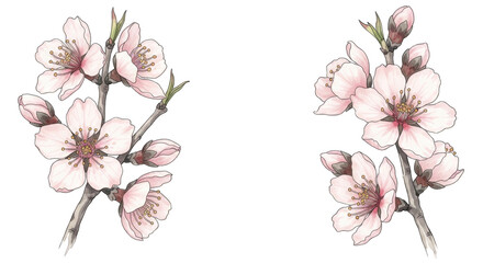 Watercolor illustration of two almond blossom branches with delicate pink flowers and buds on a white background.