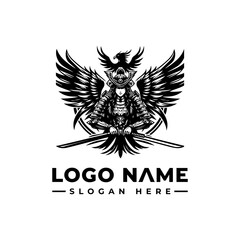 Armored Samurai Woman with Eagle Wings and Crossed Katanas Logo.