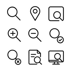 Black Line Icon Set Featuring Magnifying Glasses Location Pin and Document Search.