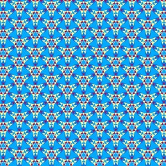 Bright abstract geometric pattern of mixed geometric shapes Blue background Yellow cream, dark red colors Minimalistic style