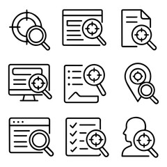 Black Line Icons Depicting Search Analysis and Targeting with Magnifying Glasses.