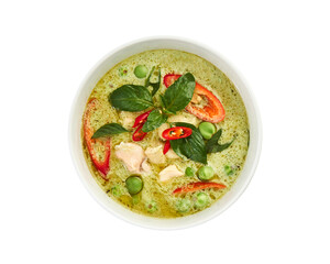 Thai Green Curry Chicken with Coconut Milk and Red Chili Isolated on White with Clipping Path