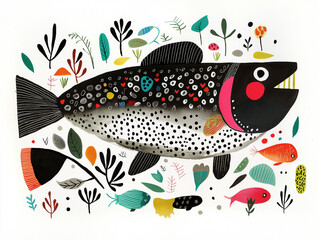 A group of colorful fish swim together underwater, surrounded by plants and leaves. Big and small fish move side by side in their natural habitat. Simple AI-generated illustration