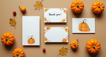 Mockup flat lay of isolated blank white paper cards, mini pumpkins, autumn leaves - Halloween party, greeting, invitation, festive holiday celebration, fall season, thanksgiving, thank you card 