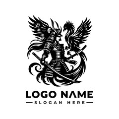 Female Samurai Warrior with Phoenix and Wings Logo Design.