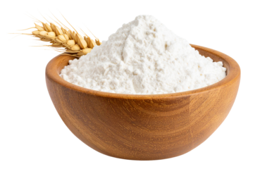 a wooden bowl of flour and wheat isolated on white background