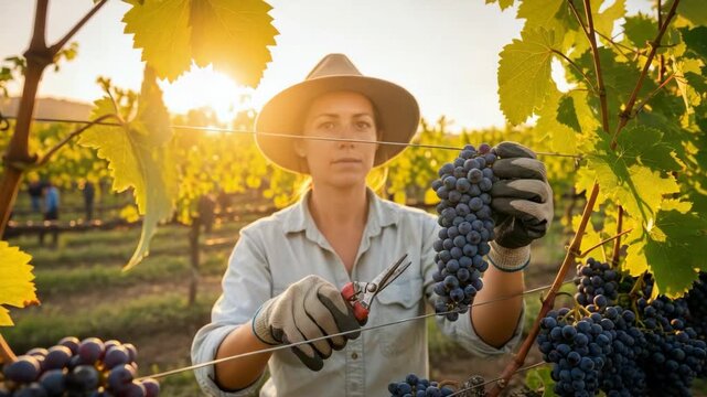 woman in hat and gloves carefully prunes dark grape bunches from vine in sun-drenched vineyard She holds shears with ripe fruit visible while golden light illuminates the rows