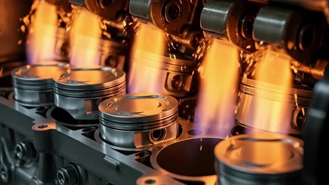 Close-up view of a piston inside an engine cylinder with flames igniting.