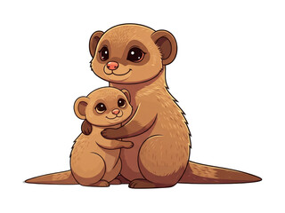 Heartwarming cartoon illustration of a mother meerkat lovingly hugging her small baby pup against a white background.