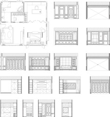 2D interior drawing layout of bedroom with dressing room, living area, workspace, and bathroom including plan and elevation views