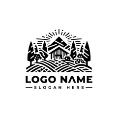 Rustic Farm Landscape Logo Design with Sunburst and Tractor.
